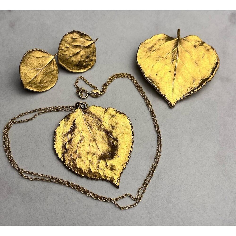 Gold Plated 10K Aspen Leaf Set Brooch & Clip On Earrings 14K GF Necklace
